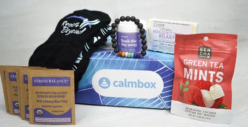 an example calmbox showing soap, a book, and other items