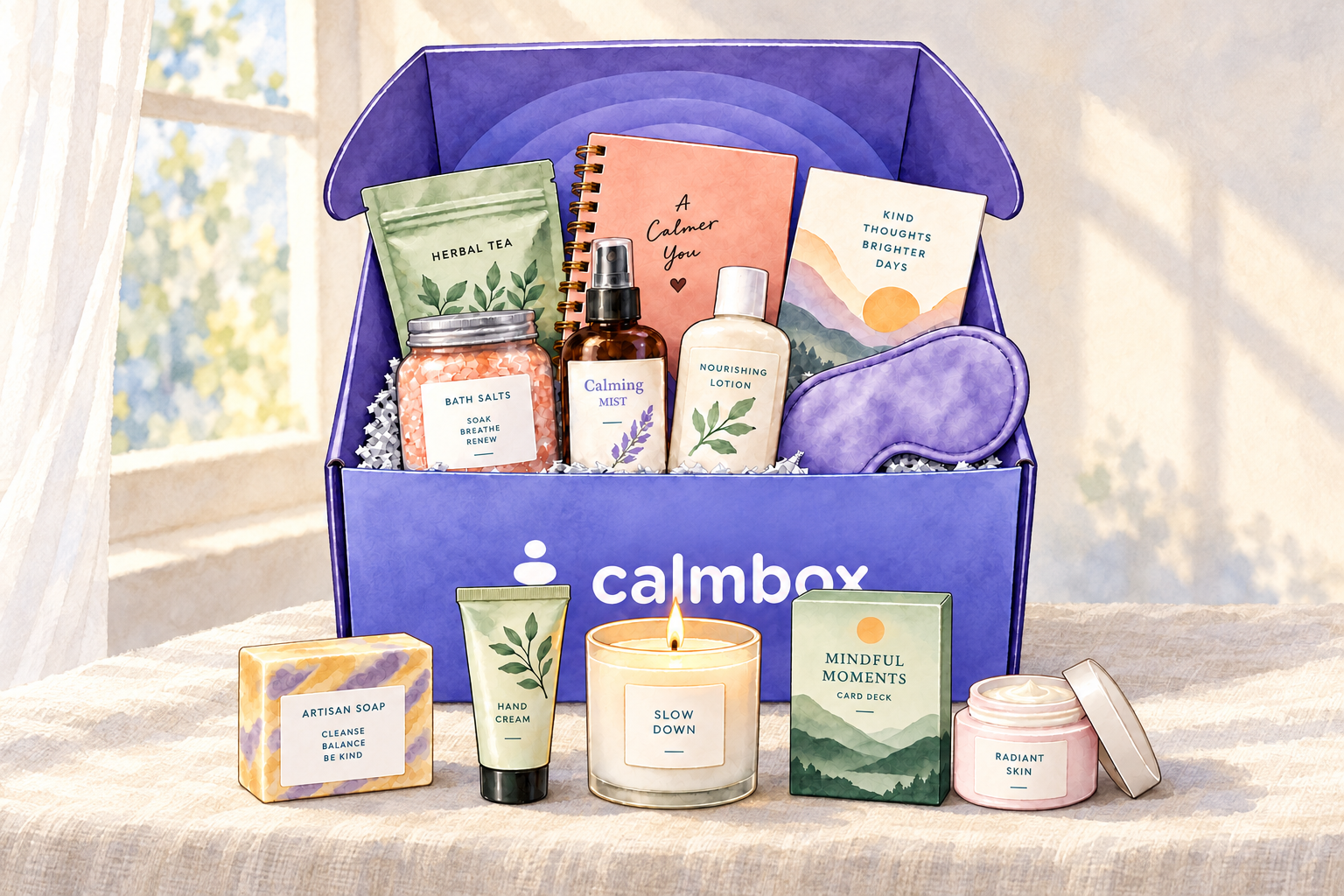 Watercolor illustration of a double calmbox and self-care items by a sunlit window