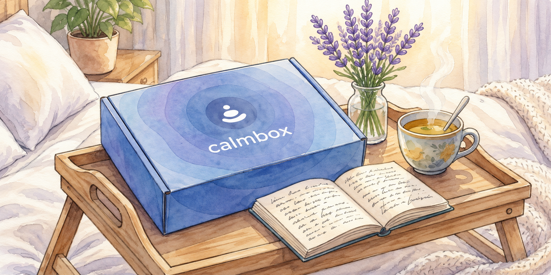 Watercolor illustration of a calmbox on a bedside tray with tea and a journal