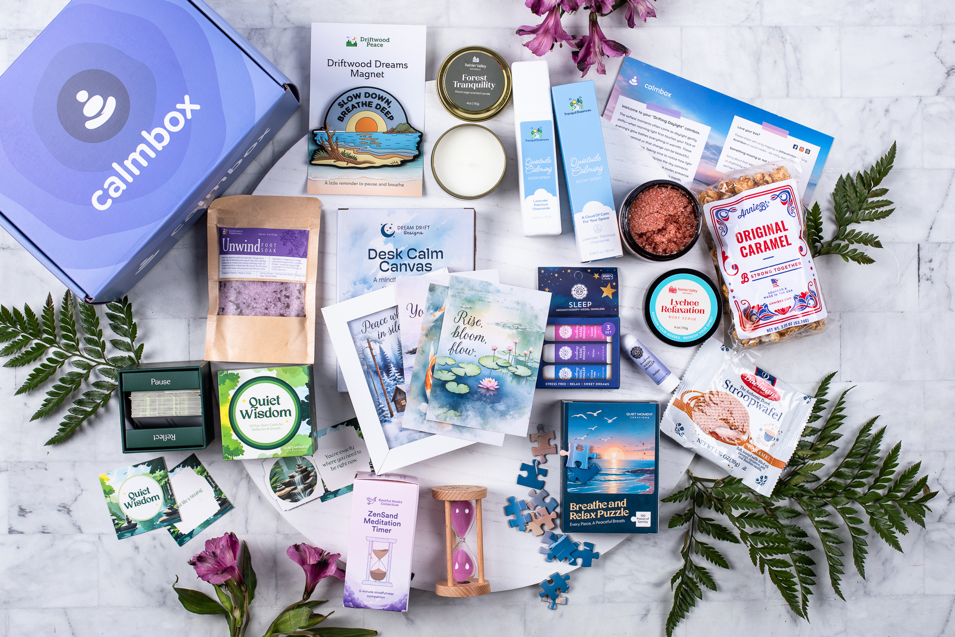 calmbox items spread out showing the variety of wellness products